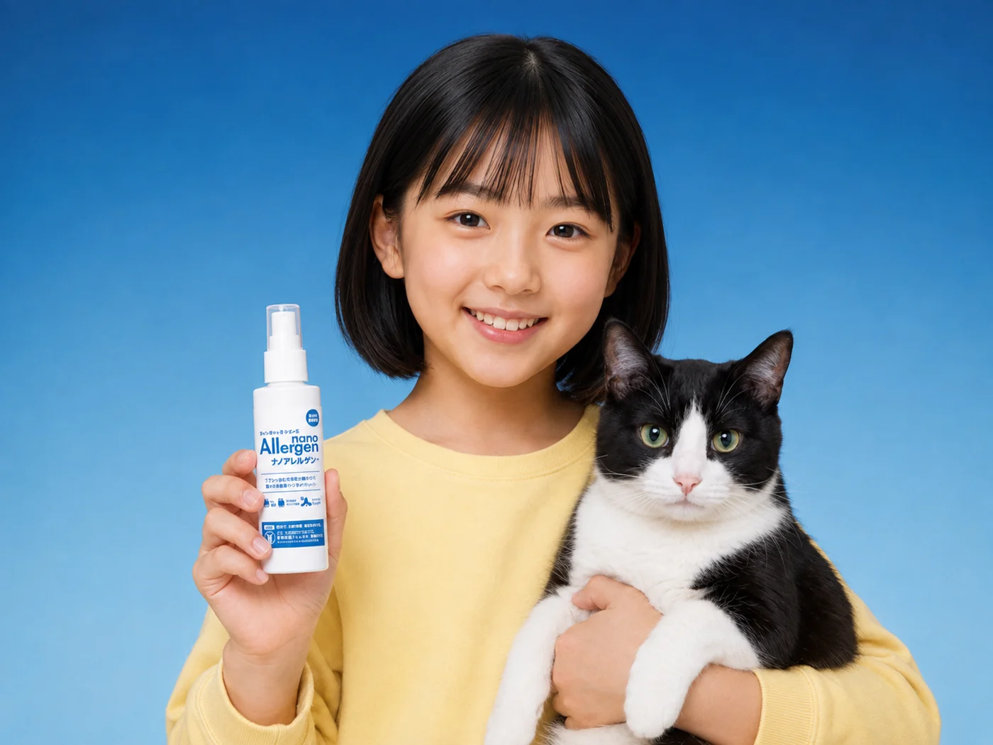 猫を抱き、ナノアレルゲン®のスプレーボトルを持つ笑顔の女の子