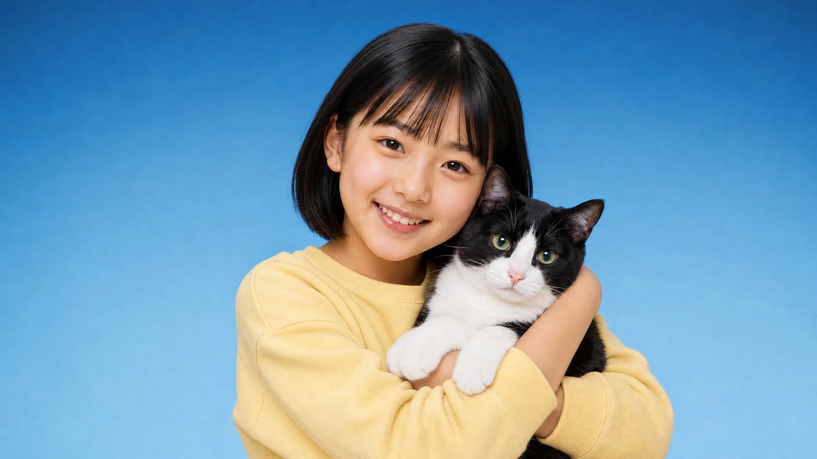 猫を抱っこして笑顔の亜希ちゃん